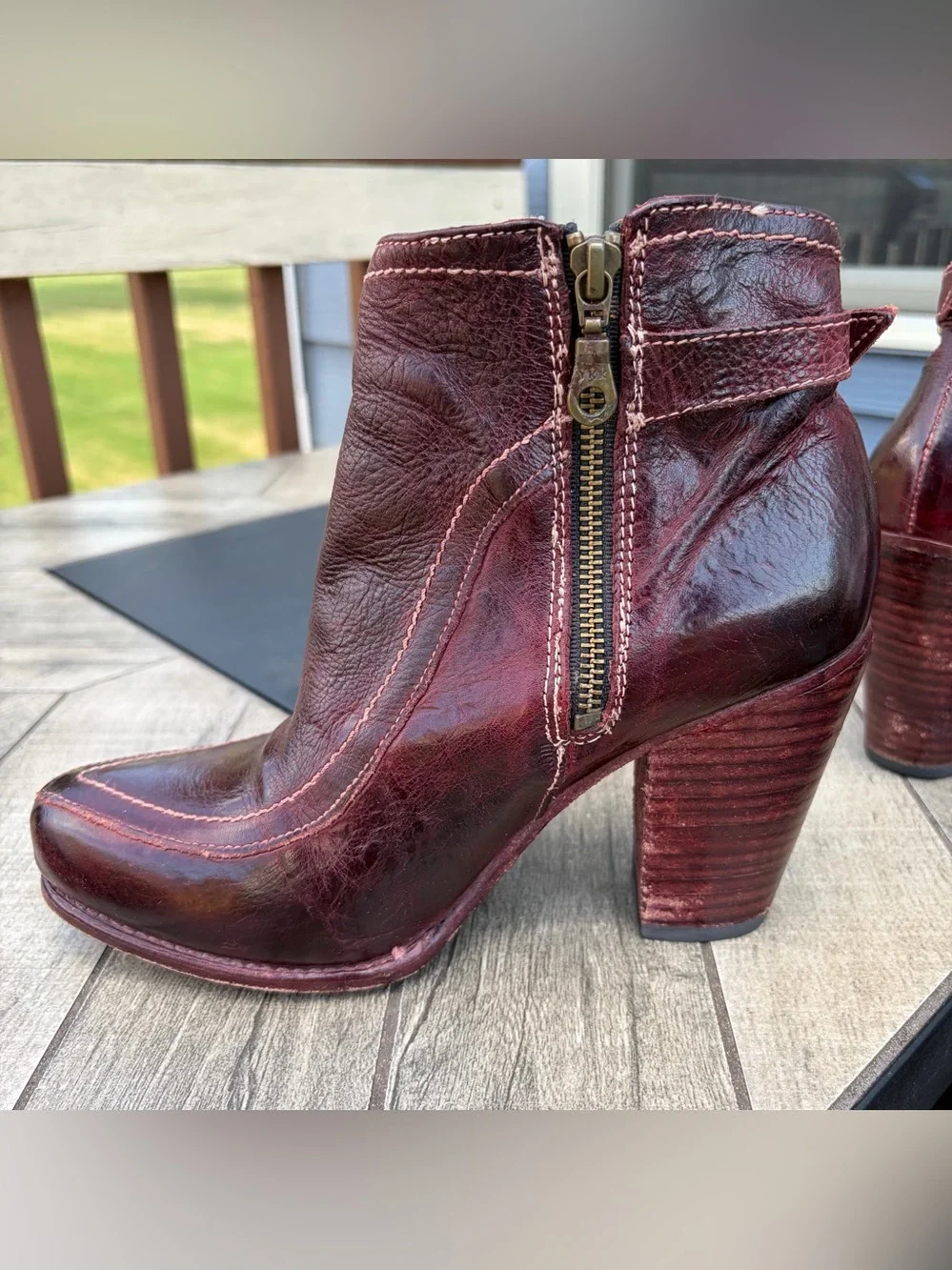 BED STU Isla Burgundy Leather Ankle Boots Women Sz 9.5 Heeled Buckle Cobbler